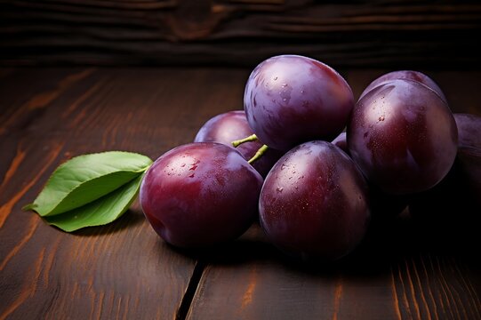 Fresh Plum fruits. Ripe Plums on wooden background