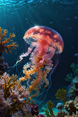 Wall Mural - glow vibrant jellyfish in the depths of the ocean