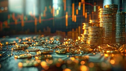 Poster - Stacks of gold coins in front of a stock market chart.