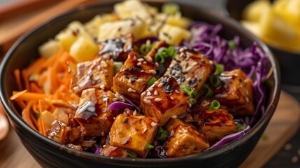 Wall Mural - Enjoy the flavors of Hawaii with this tofu poke bowl featuring marinated tofu shredded cabbage and chunks of pineapple all tossed together in a light and tangy dressing.