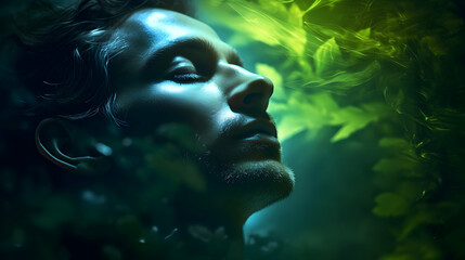 Contemplative mood enhanced by cool greens--an introspective male face lit by calming color gels