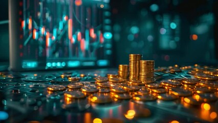 Poster - Close-up of gold coins arranged in stacks on a desk with a blurry stock chart in the background.