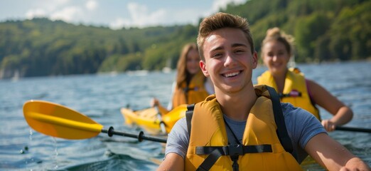 Canvas Print - A group of three people in life jackets paddling a canoe. AI.