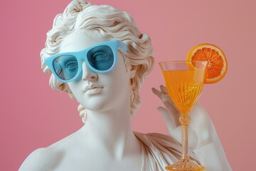 Wall Mural - A statue of a woman holding an orange slice and drinking from a glass. AI.