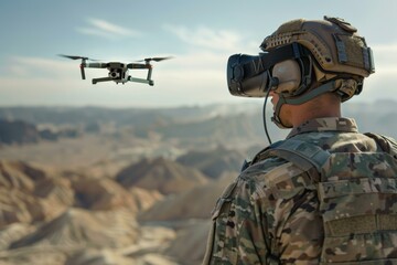 Soldier wearing virtual reality headset and tactical gear operates a military drone in the desert. AI.