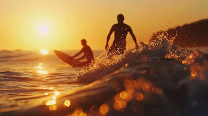 Wall Mural - Eyecatching Silhouette surfers with surfboard come into the water sunrise rapid slow motion