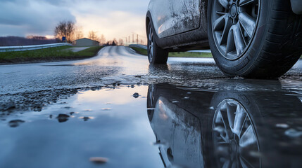 Wall Mural - modern car tire in water puddle on road