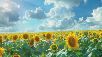 Wall Mural - Field of sunflowers under a cloudy blue sky