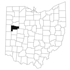  Map of auglaize County in Ohio state on white background. single County map highlighted by black colour on Ohio map. UNITED STATES, US