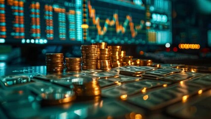 Poster - A close-up shot of a stack of gold coins, with a blurred stock market chart in the background.