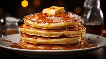 Wall Mural - Close-Up of pile of pancakes with melted sweet syrup and fruit toppings with a blurred background