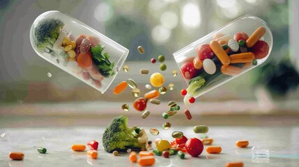 Wall Mural - An open pill with fresh vegetables and fruits spilling out, Vitamins derived from natural and healthy food sources