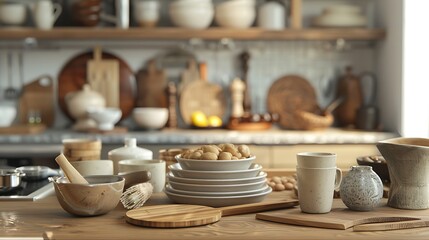 Wall Mural - Realistic portrayal of various kitchen accessories including cups, plates, bowls, chopping boards, and wooden cups on a wooden table, captured in high-definition