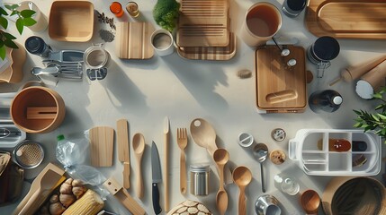 Wall Mural - Realistic top view of zero waste kitchen accessories, highlighting plastic-free and eco-friendly household products in high-definition detail