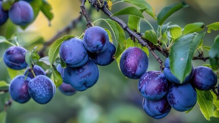 Sticker - Ripe plums growing on green tree branches in the garden