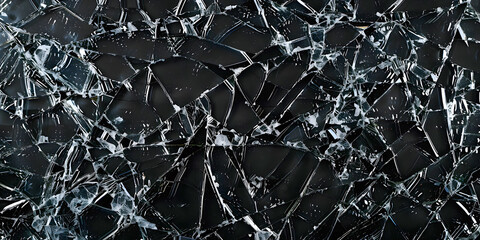Close-up of Pieces of Broken Glass Texture, Broken Glass Surface, Broken Glass Cracked on Black Background