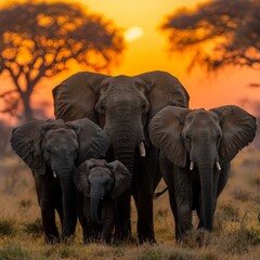 Wall Mural - A family of elephants walking together in the savannah. 
