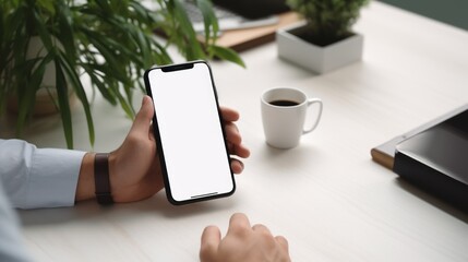 businessman hands using smartphone mockup at the white office desk. 