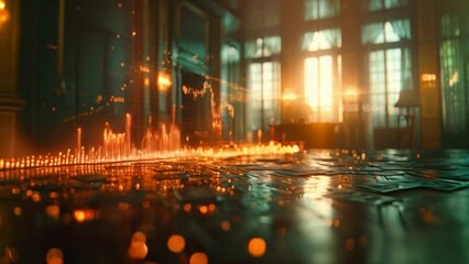Poster - A stock market data overlay is projected onto a rooms floor, glowing in the warm light of a setting sun shining through a nearby window.