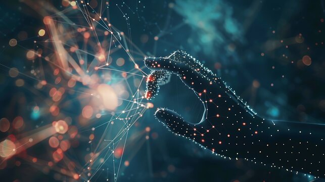 AI, Machine learning, robot and human hands touching big data on global network connection, emphasizing internet and advanced digital technologies