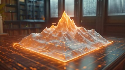 Poster - A 3D model of a mountain range sits on a glowing table, lit from underneath.