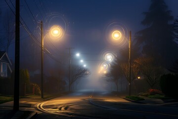 Wall Mural - A quiet suburban street with streetlights creating halos in the foggy night