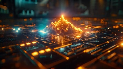 Poster - A glowing golden pyramid sits atop a futuristic digital circuit board, creating a dynamic visual representation of technological advancement.