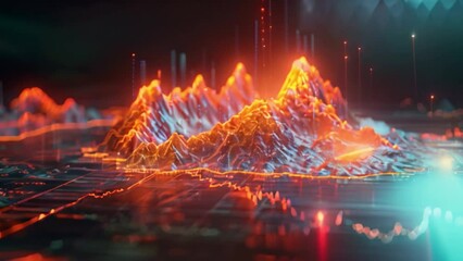 Poster - A 3D rendering of a mountain range, digitally illustrated in vibrant shades of orange and blue, appearing as a digital landscape.