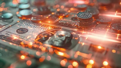Poster - A close-up shot of US dollar bills with glowing lines, emphasizing the value and importance of money.