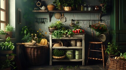 Wall Mural - Modern home decor in a kitchen space featuring a rattan commode, chair, herbs, vegetables, food, and elegant kitchen accessories, captured in a sophisticated  template