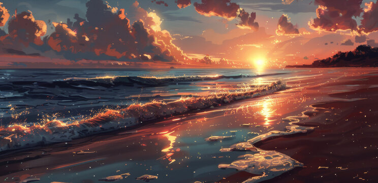 magical atmosphere of sunrise along a tranquil coastline, where the golden rays of the morning sun illuminate the sky and dance upon the gentle waves