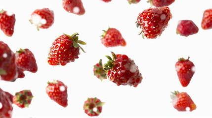 Fresh strawberries levitating against a white backdrop. AI generative.
