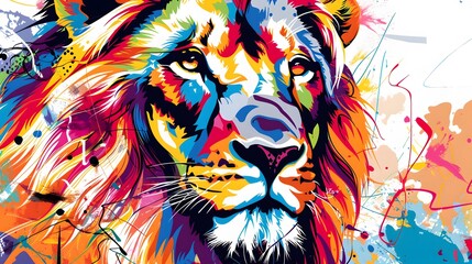 creative colorful lion king head on pop art style with soft mane and color background