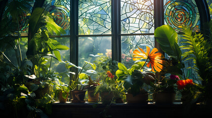 A window filled with a variety of lush plants, creating a vibrant and refreshing indoor garden.