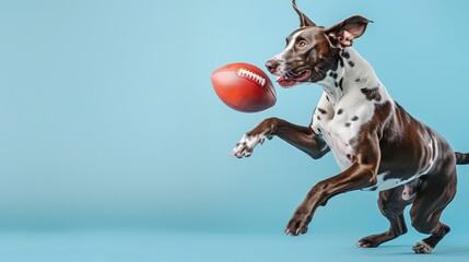 A cute brown and white dog is playing with a football in its mouth. It is on a blue background.