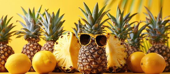 A group of pineapples and a stylish coconut sporting shades against a sunny yellow backdrop