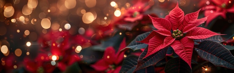 Red Poinsettia Christmas Flower Closeup with Bokeh Lights and Defocused Background