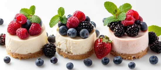 Wall Mural - Cheesecakes topped with fresh berries and mint on a white backdrop