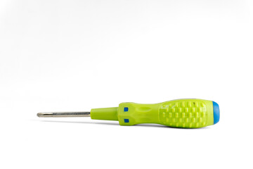 close up green screwdriver isolated white background