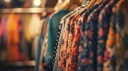 Poster - Close-up of colorful summer clothes on a rack in a store, vibrant patterns and bright hues, lively shopping atmosphere