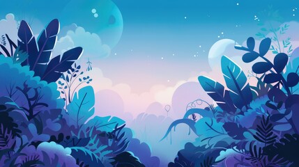 simple landscape, with alien foliage, flat abstract vector illustration of a background, dominant colors are light blue, dark blue, and some purple