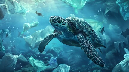 Underwater turtle floating among plastic bags concept of pollution of water environment