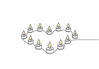 Wall Mural - Candles formed in love heart symbol shape continuous line drawing. minimalist vector illustration.