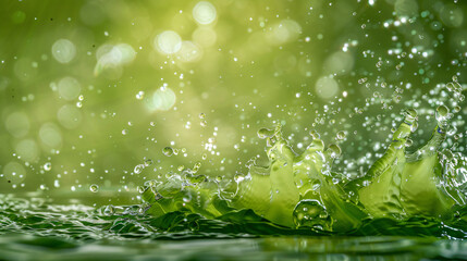 Poster - Water Splash with Green Background and Bokeh Lights, for Nature and Refreshing Design