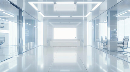 Poster - White Modern Office Interior with Glass Walls and a Reception Desk, for Architecture and Design