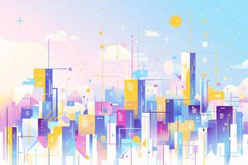 Poster - Colorful Geometric Cityscape with Pastel Sky, for Futuristic and Urban Design