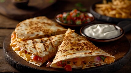 A cheesy quesadilla cut into wedges and served with salsa and sour cream.