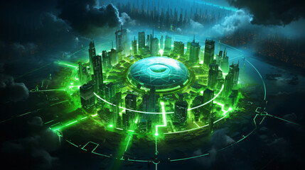 Poster - Futuristic City with Green Lights and Copy Space Text for Sci-Fi Movie Poster