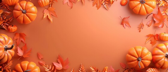 Wall Mural - Autumn sale with 3D pumpkins and leaves, matte texture, copy space,