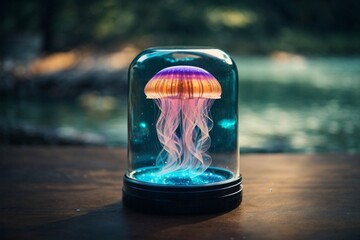 Glowing jellyfish in an aquarium